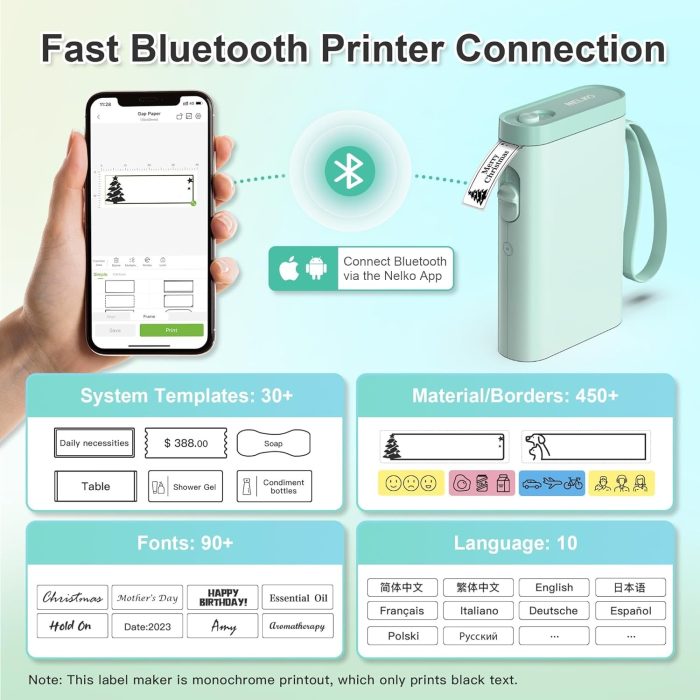 Nelko Drukarka etykiet z taśmą klejącą, przenośna drukarka etykiet Bluetooth P21, bezprzewodowa, wbudowana, mini drukarka