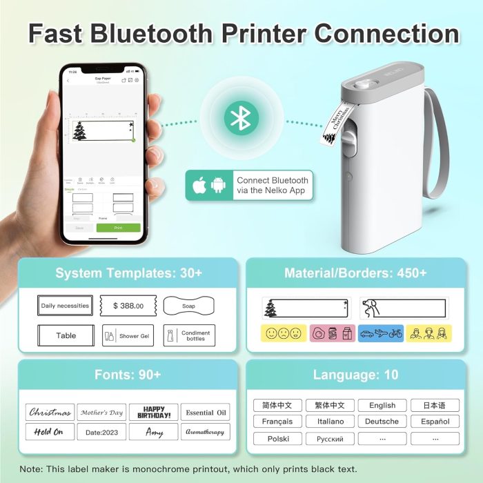 Nelko Drukarka etykiet z taśmą klejącą, przenośna drukarka etykiet Bluetooth P21, bezprzewodowa, wbudowana, mini drukarka