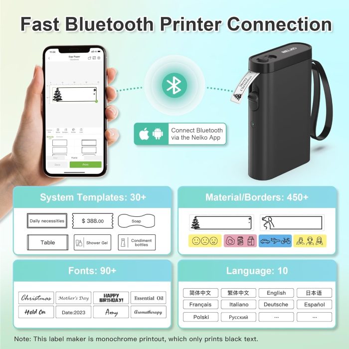 Nelko Drukarka etykiet z taśmą klejącą, przenośna drukarka etykiet Bluetooth P21, bezprzewodowa, wbudowana, mini drukarka