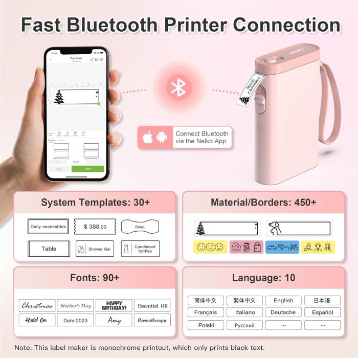 Nelko Drukarka etykiet z taśmą klejącą, przenośna drukarka etykiet Bluetooth P21, bezprzewodowa, wbudowana, mini drukarka