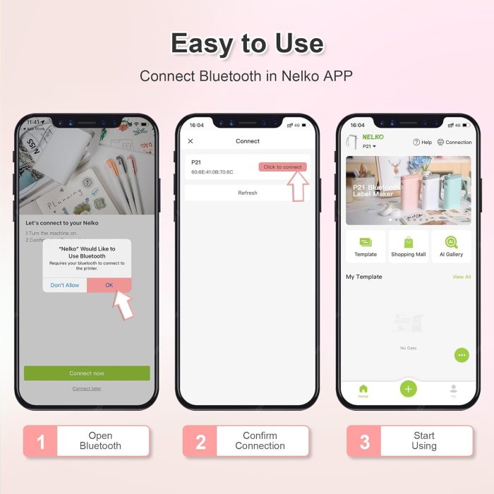 Nelko Drukarka etykiet z taśmą klejącą, przenośna drukarka etykiet Bluetooth P21, bezprzewodowa, wbudowana, mini drukarka