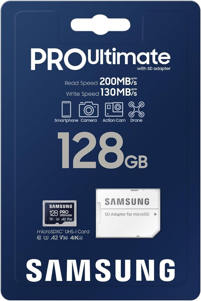 Samsung PRO Ultimate karta microSD + adapter SD, 128 GB, do smartfonów, drona i kamery sportowej, UHS-I U3, odczyt 200 MB/s,