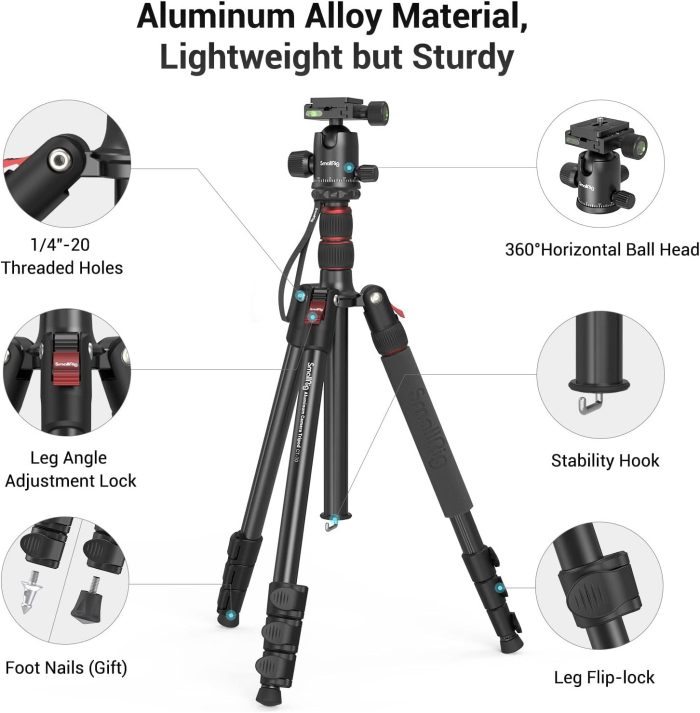 SMALLRIG 71" statyw fotograficzny, składany aluminiowy statyw, zdejmowana głowica kulowa 360° i płytka szybkiego zwalniania, z