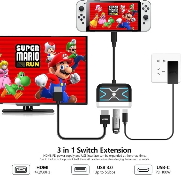 RREAKA Switch Dock dla Nintendo Switch OLED, 2-w-1 Switch TV Adapter z kablem 4K HDMI, Typ C 100W ładowanie, przenośna stacja