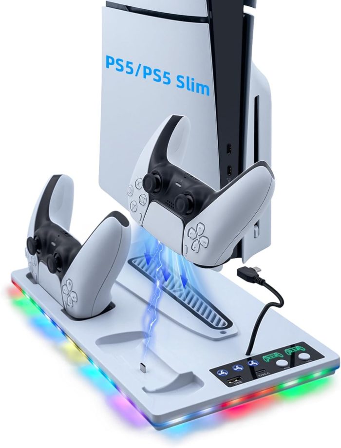 Tolesum Pionowy stojak chłodzący do PS5/PS5 Slim, podwójny uchwyt ładujący PS5 z USB/3-poziomowym wentylatorem/światłem RGB do