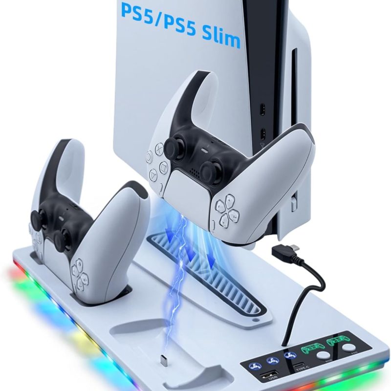 Tolesum Pionowy stojak chłodzący do PS5/PS5 Slim, podwójny uchwyt ładujący PS5 z USB/3-poziomowym wentylatorem/światłem RGB do