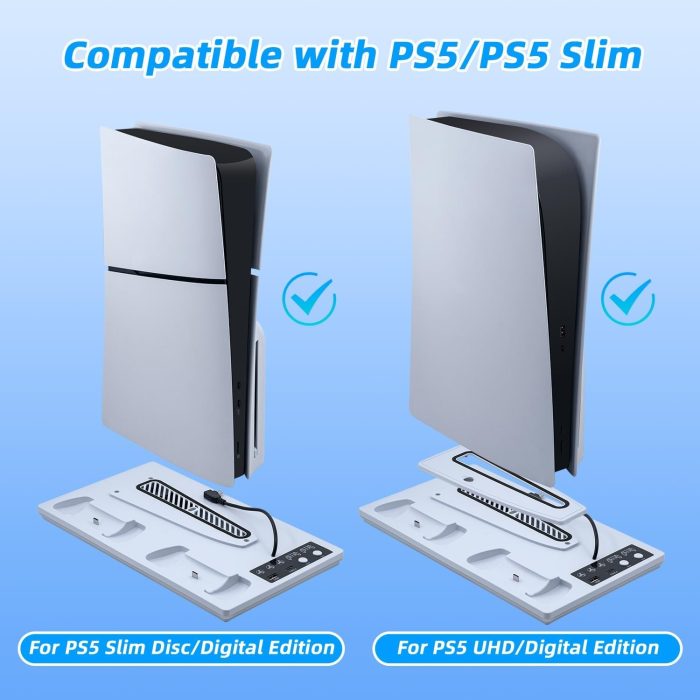 Tolesum Pionowy stojak chłodzący do PS5/PS5 Slim, podwójny uchwyt ładujący PS5 z USB/3-poziomowym wentylatorem/światłem RGB do