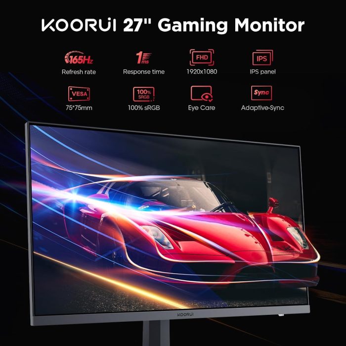 KOORUI Gaming Ercan PC 27 cali, monitor PC 165 Hz, FHD (1920×1080), IPS, 1ms GTG, Adaptive Sync, Kompatybilny z VESA 75 x 75 mm,