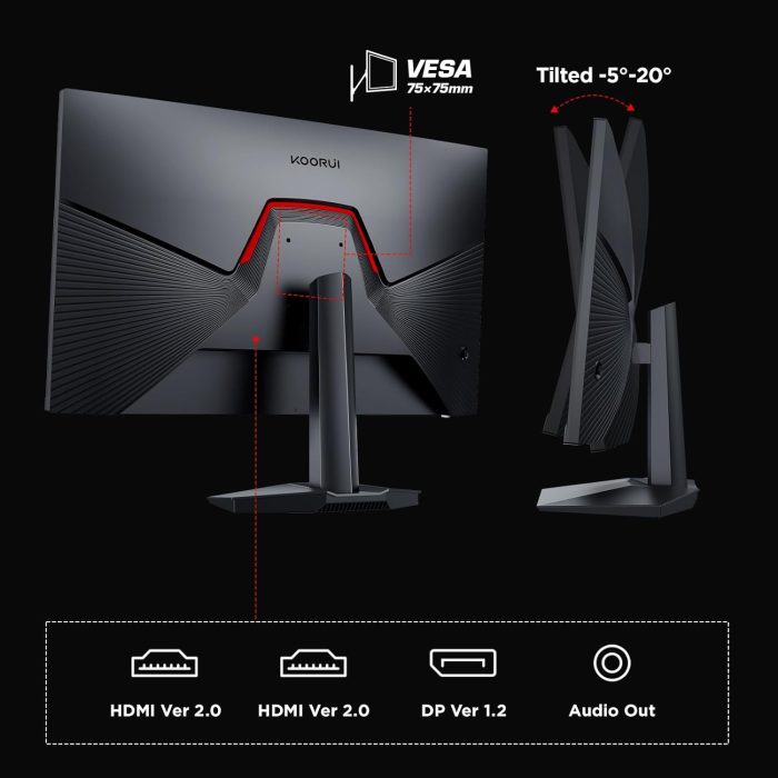 KOORUI Gaming Ercan PC 27 cali, monitor PC 165 Hz, FHD (1920×1080), IPS, 1ms GTG, Adaptive Sync, Kompatybilny z VESA 75 x 75 mm,