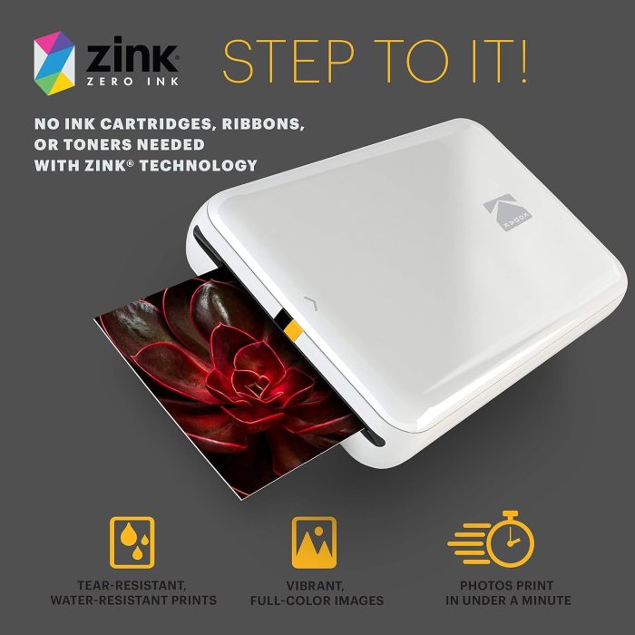 KODAK Step natychmiastowa drukarka zdjęć z Bluetooth/ NFC, aplikacją KODAK dla systemów iOS i Android (czarna) 5 x 7,5 cm ZINK