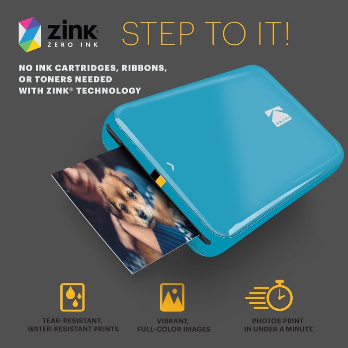 KODAK Step natychmiastowa drukarka zdjęć z Bluetooth/ NFC, aplikacją KODAK dla systemów iOS i Android (czarna) 5 x 7,5 cm ZINK