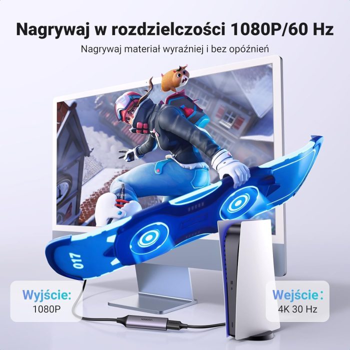 UGREEN Karta przechwytująca wideo Karta przechwytująca HDMI, HDMI na USB A+C 4K 30 Hz 1080P do gier, transmisji strumieniowej