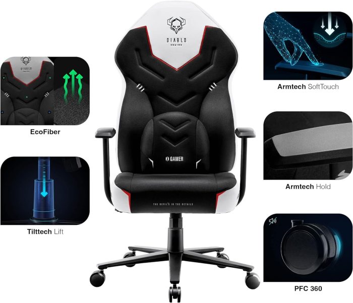 Diablo X-Gamer Fotel Gamingowy dla Gracza Ergonomiczny Biurowy Obrotowy Materiałowy (Czarno-Biały)