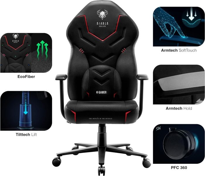 Diablo X-Gamer Fotel Gamingowy dla Gracza Ergonomiczny Biurowy Obrotowy Materiałowy (Czarno-Biały)