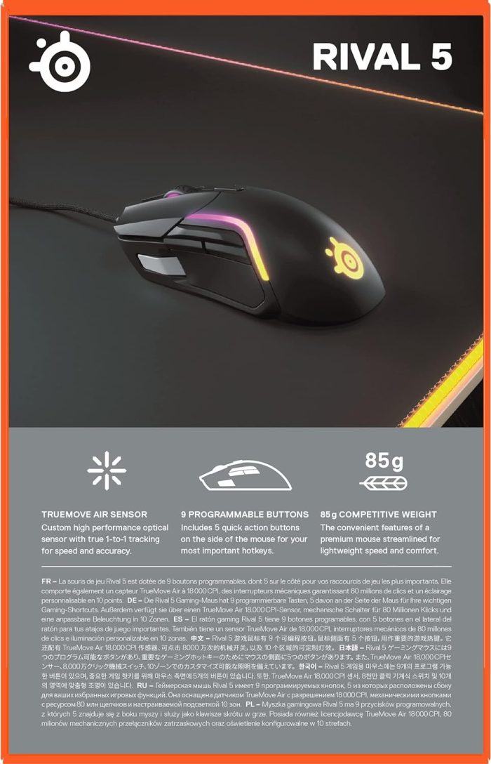 SteelSeries Rival 3 Wireless Mysz do gier - Ponad 400 godzin żywotności baterii - Technologia Dual Wireless 2.4 GHz i Bluetooth