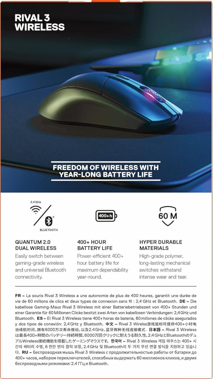 SteelSeries Rival 3 Wireless Mysz do gier - Ponad 400 godzin żywotności baterii - Technologia Dual Wireless 2.4 GHz i Bluetooth