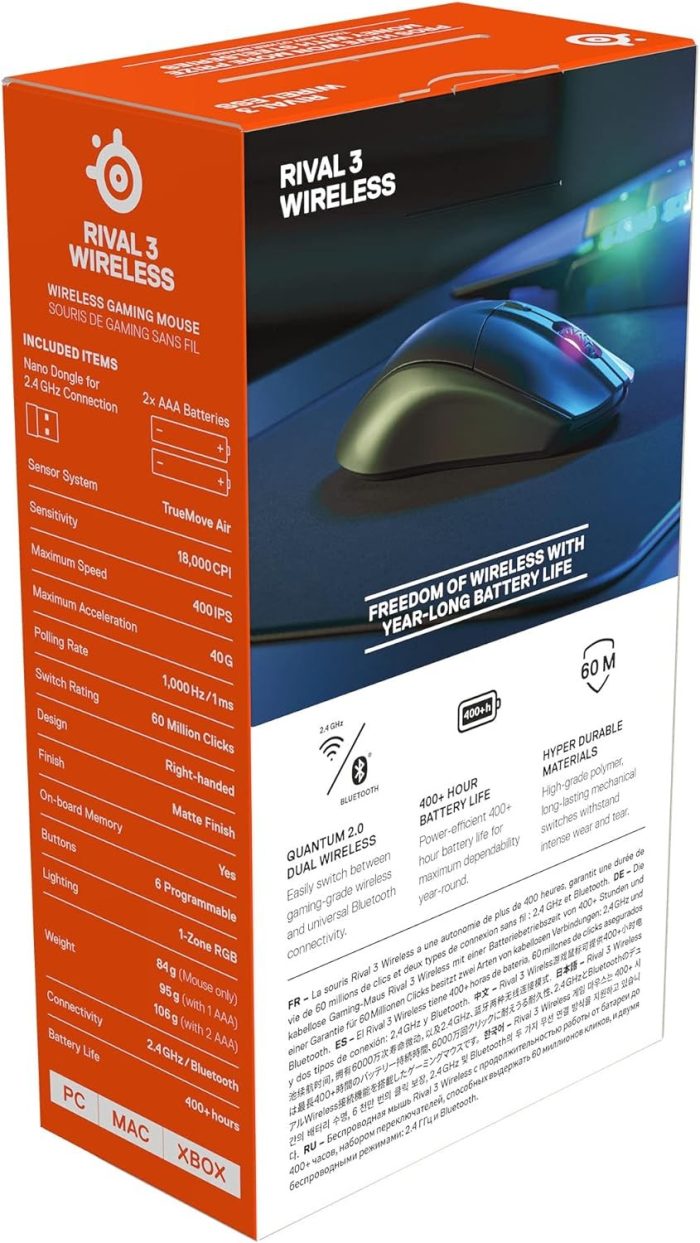 SteelSeries Rival 3 Wireless Mysz do gier - Ponad 400 godzin żywotności baterii - Technologia Dual Wireless 2.4 GHz i Bluetooth