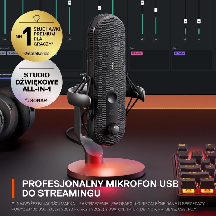 SteelSeries Alias Mikrofon USB do komputera PC — 3 razy większa kapsuła do gier, streamingu i podcastów — Redukcja szumów SI —