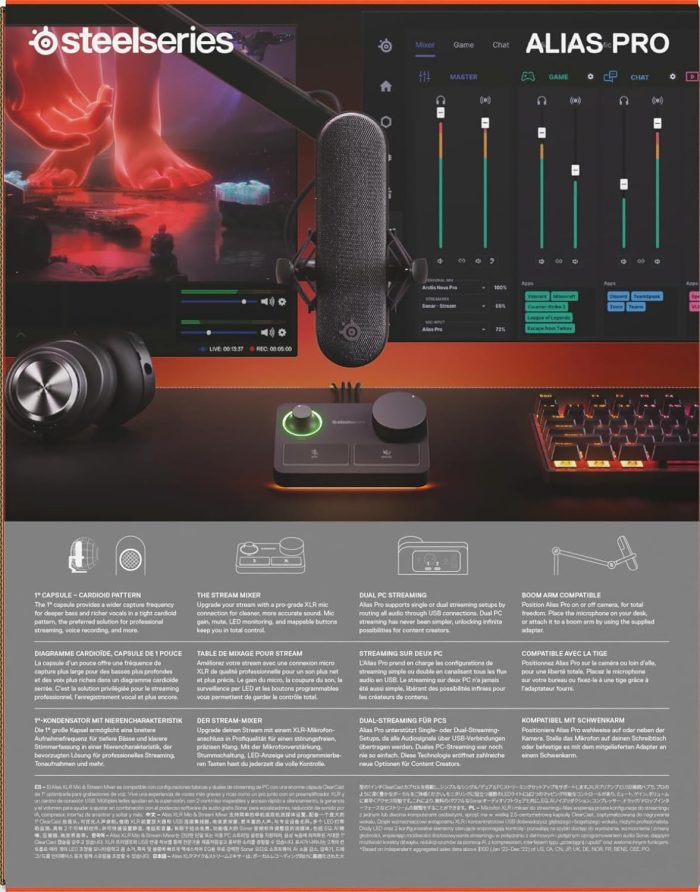 SteelSeries Alias Mikrofon USB do komputera PC — 3 razy większa kapsuła do gier, streamingu i podcastów — Redukcja szumów SI —